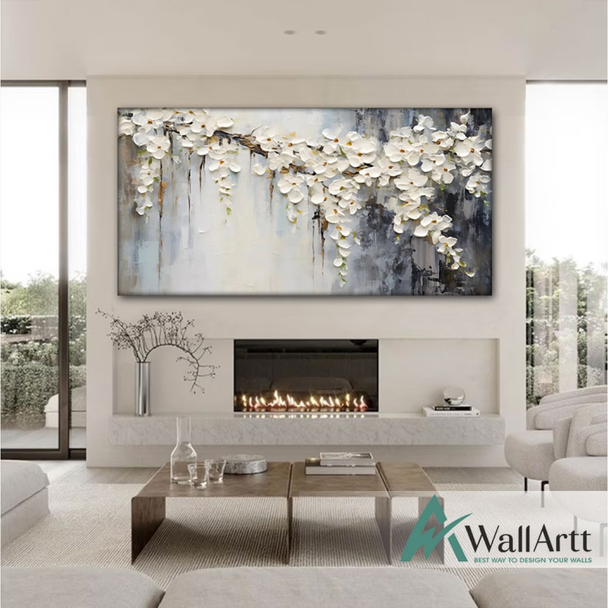 White Flower Branches 3d Heavy Textured Partial Oil Painting